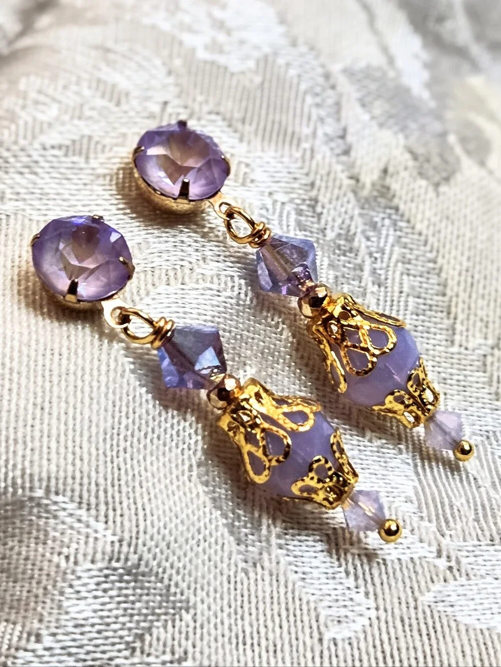 Victorian Delicate & Dainty Purple AB Swarovski & Glass In Gold Plated Earrings